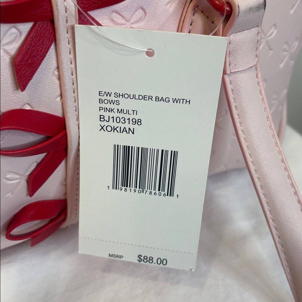 Betsey Johnson Pink Embossed Bow Satchel with Red Bows - Picture 11 of 11